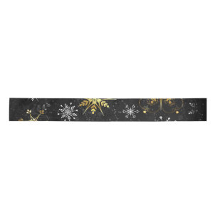 Xmas Golden Snowflakes on Black Background Satin Ribbon