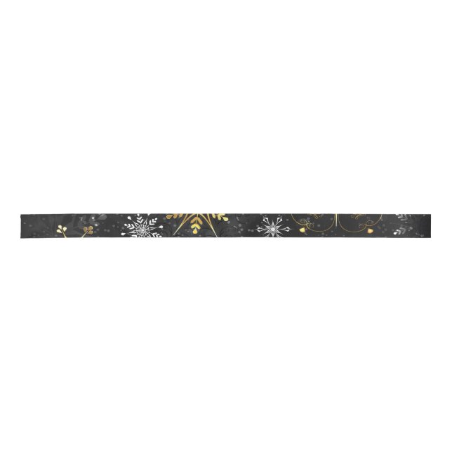 Xmas Golden Snowflakes on Black Background Satin Ribbon (Front)
