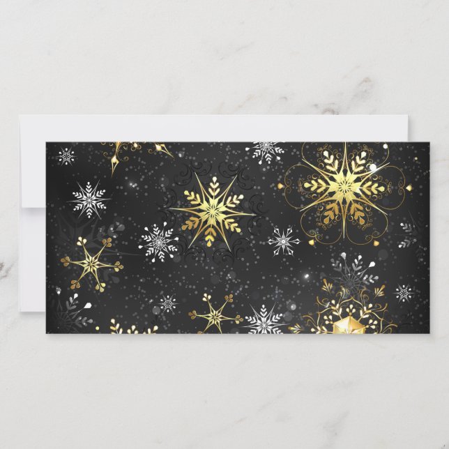Xmas Golden Snowflakes on Black Background Save The Date (Front)