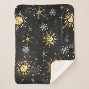 Xmas Golden Snowflakes on Black Background Sherpa Blanket