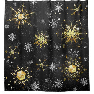 Xmas Golden Snowflakes on Black Background Shower Curtain