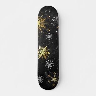 Xmas Golden Snowflakes on Black Background Skateboard