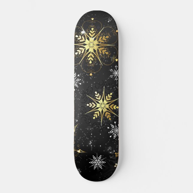 Xmas Golden Snowflakes on Black Background Skateboard (Front)
