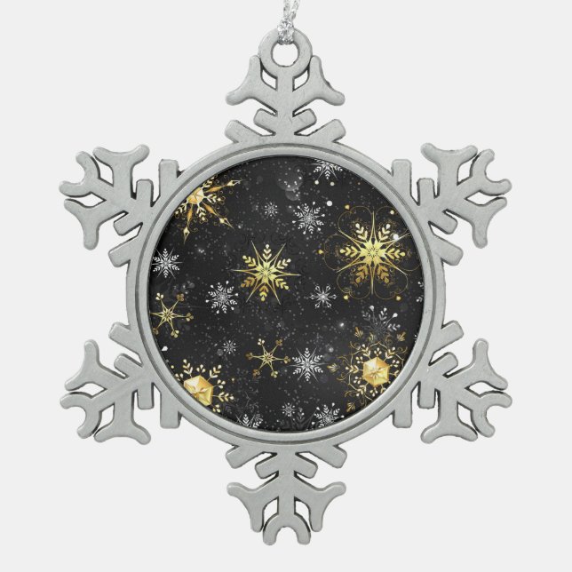 Xmas Golden Snowflakes on Black Background Snowflake Pewter Christmas Ornament (Front)