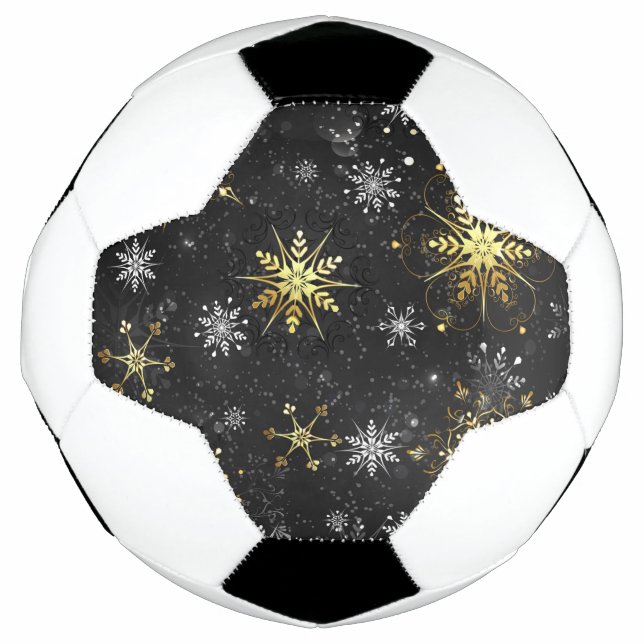 Xmas Golden Snowflakes on Black Background Soccer Ball (Front)