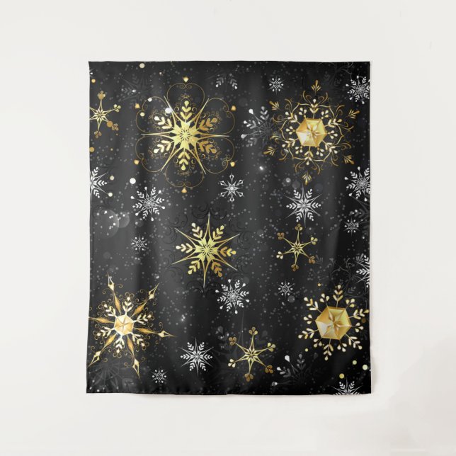 Xmas Golden Snowflakes on Black Background Tapestry (Front)