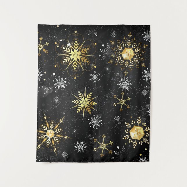 Xmas Golden Snowflakes on Black Background Tapestry (Front)