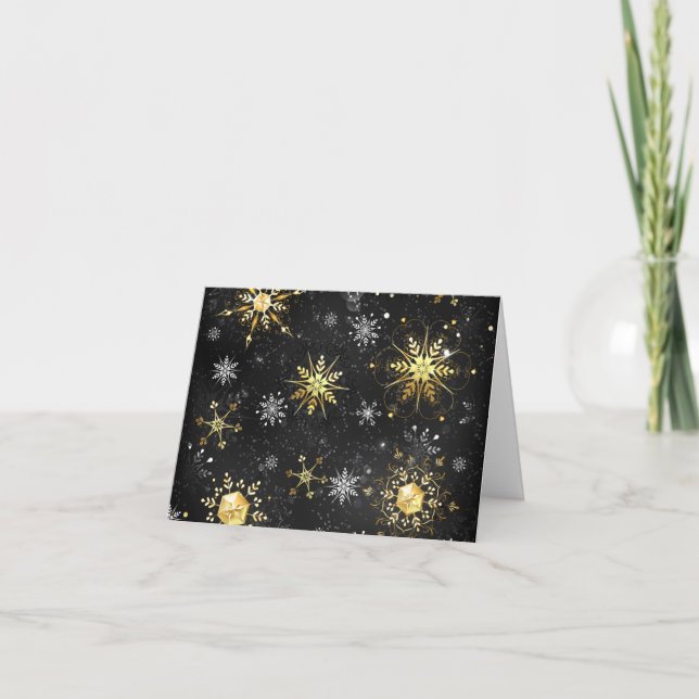 Xmas Golden Snowflakes on Black Background Thank You Card (Front)