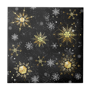 Xmas Golden Snowflakes on Black Background Tile
