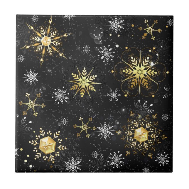 Xmas Golden Snowflakes on Black Background Tile (Front)