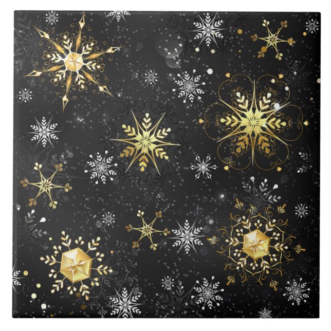 Xmas Golden Snowflakes on Black Background Tile (Front)