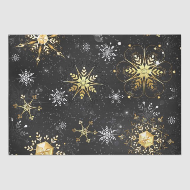 Xmas Golden Snowflakes on Black Background Tissue Paper (Front)