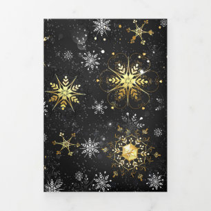 Xmas Golden Snowflakes on Black Background Tri-Fold Announcement