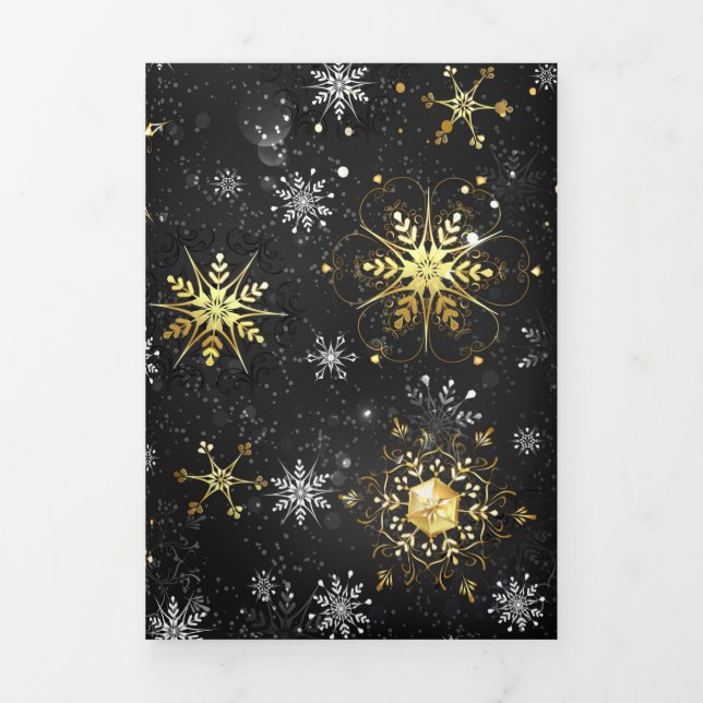 Xmas Golden Snowflakes on Black Background Tri-Fold Announcement (Cover)