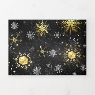 Xmas Golden Snowflakes on Black Background Tri-Fold Announcement