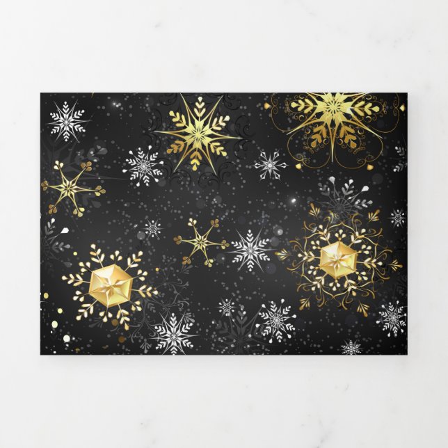 Xmas Golden Snowflakes on Black Background Tri-Fold Announcement (Cover)