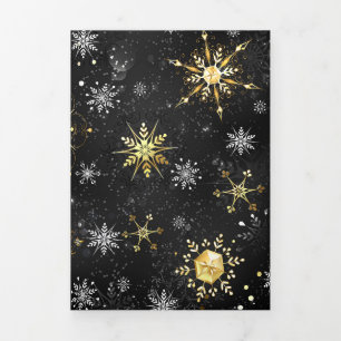 Xmas Golden Snowflakes on Black Background Tri-Fold Invitation