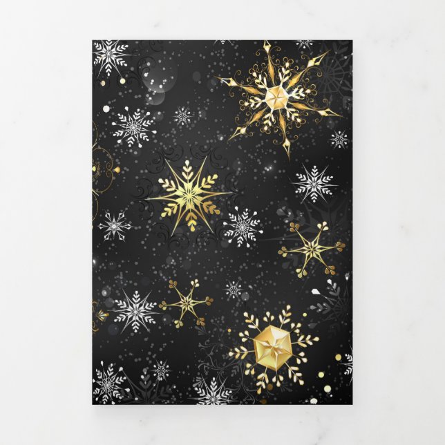Xmas Golden Snowflakes on Black Background Tri-Fold Invitation (Cover)