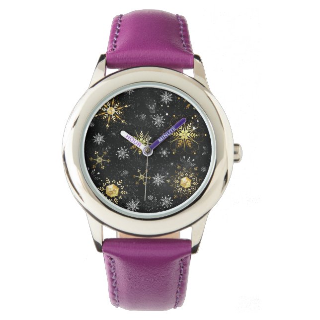 Xmas Golden Snowflakes on Black Background Watch (Front)