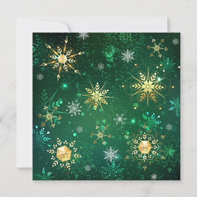 Xmas Golden Snowflakes on Green Background Announcement (Front)