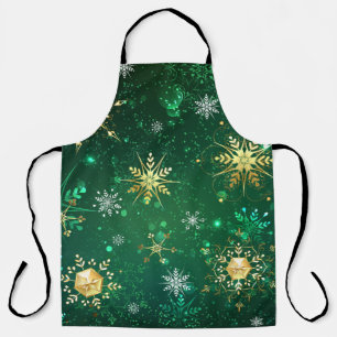 Xmas Golden Snowflakes on Green Background Apron