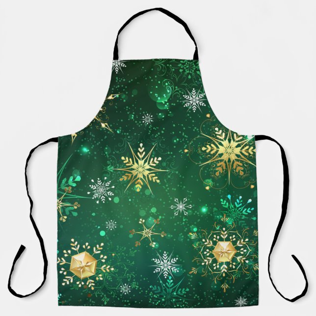 Xmas Golden Snowflakes on Green Background Apron (Front)