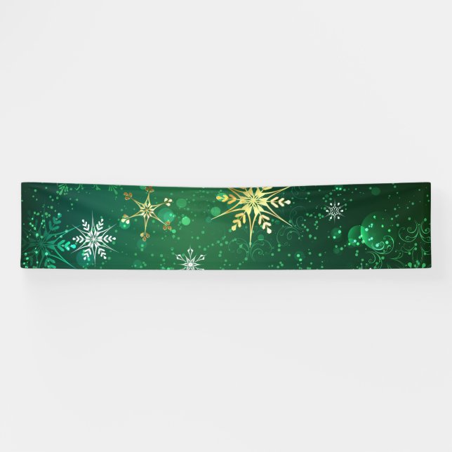 Xmas Golden Snowflakes on Green Background Banner (Horizontal)