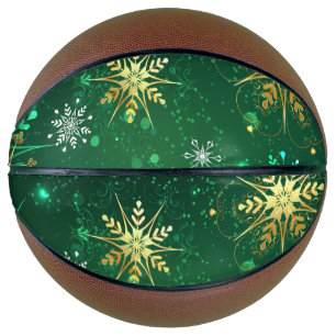 Xmas Golden Snowflakes on Green Background Basketball