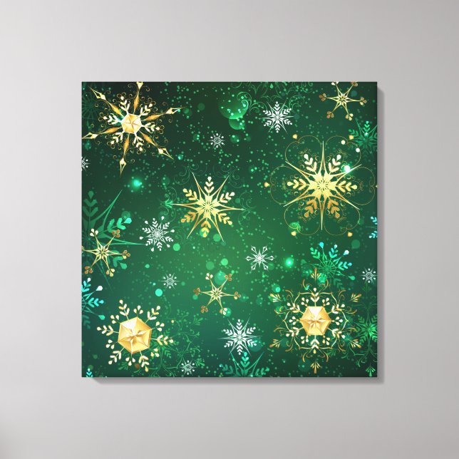 Xmas Golden Snowflakes on Green Background Canvas Print (Front)