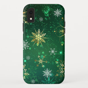 Xmas Golden Snowflakes on Green Background Case-Mate iPhone Case