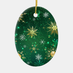 Xmas Golden Snowflakes on Green Background Ceramic Tree Decoration