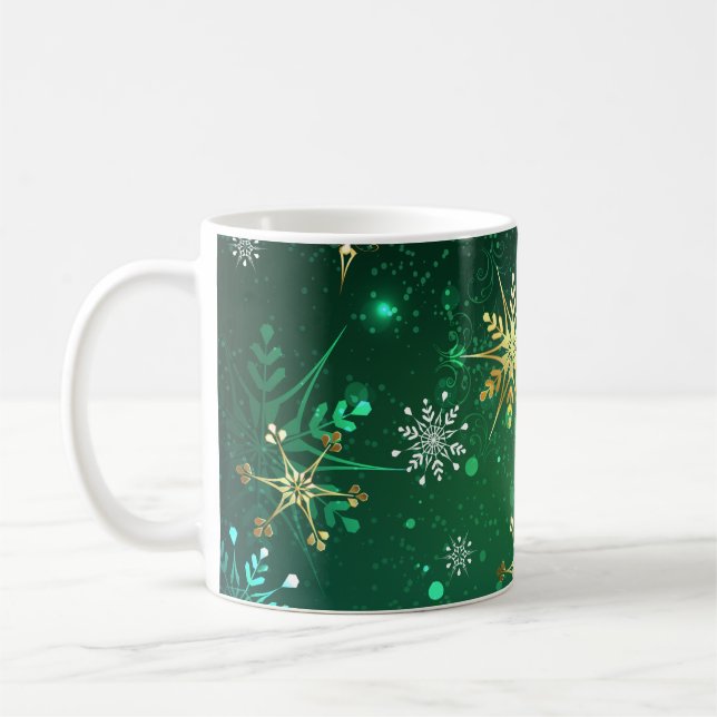 Xmas Golden Snowflakes on Green Background Coffee Mug (Left)