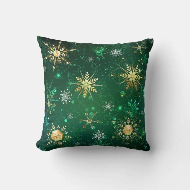 Xmas Golden Snowflakes on Green Background Cushion (Front)