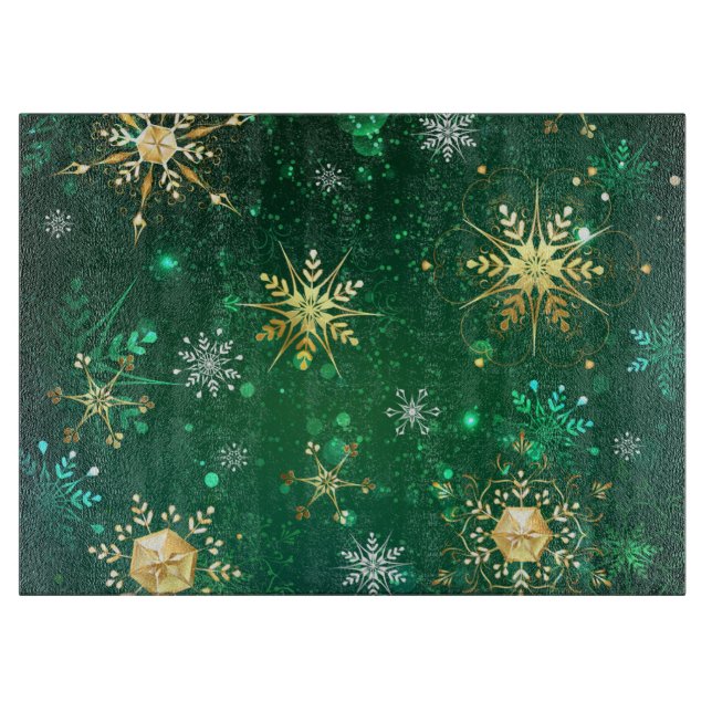 Xmas Golden Snowflakes on Green Background Cutting Board (Front)