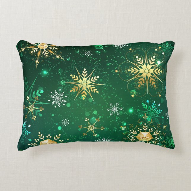 Xmas Golden Snowflakes on Green Background Decorative Cushion (Front)