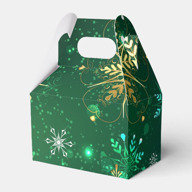 Xmas Golden Snowflakes on Green Background Favour Box (Front Side)