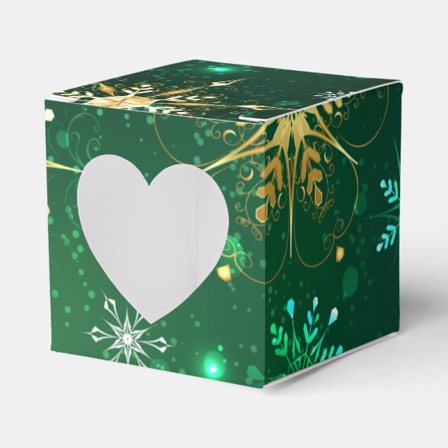 Xmas Golden Snowflakes on Green Background Favour Box (Front Side)