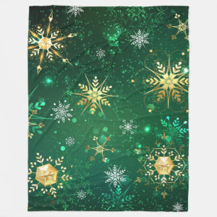Xmas Golden Snowflakes on Green Background Fleece Blanket