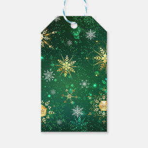 Xmas Golden Snowflakes on Green Background Gift Tags