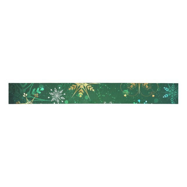 Xmas Golden Snowflakes on Green Background Grosgrain Ribbon (Front)
