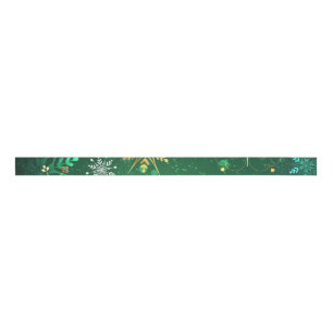 Xmas Golden Snowflakes on Green Background Grosgrain Ribbon