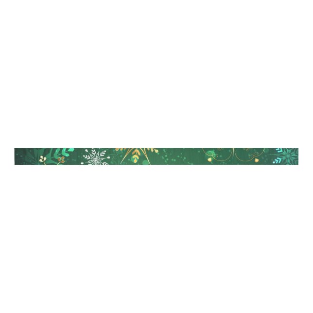 Xmas Golden Snowflakes on Green Background Grosgrain Ribbon (Front)