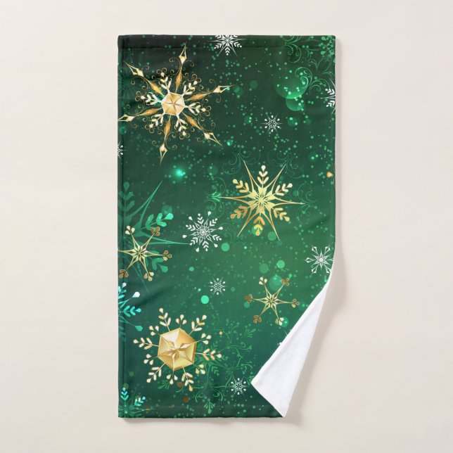 Xmas Golden Snowflakes on Green Background Hand Towel (Hand Towel)