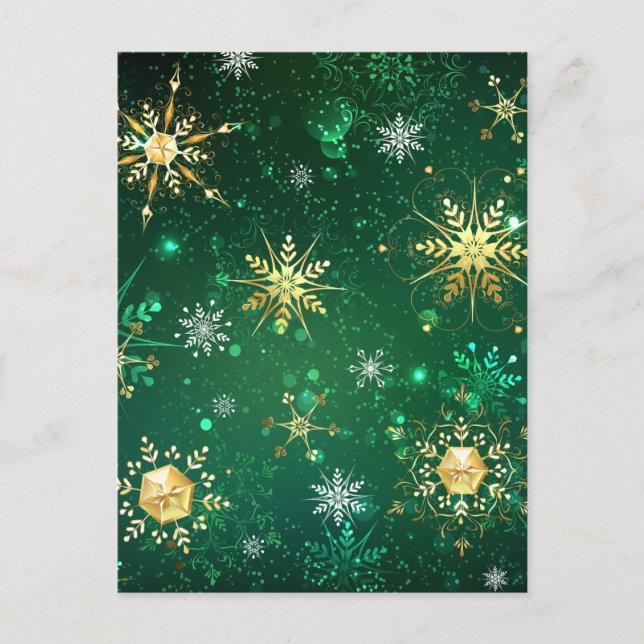 Xmas Golden Snowflakes on Green Background Holiday Postcard (Front)