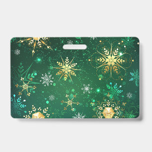 Xmas Golden Snowflakes on Green Background ID Badge