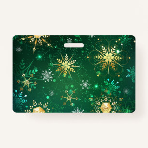 Xmas Golden Snowflakes on Green Background ID Badge