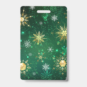 Xmas Golden Snowflakes on Green Background ID Badge