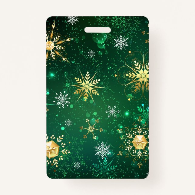 Xmas Golden Snowflakes on Green Background ID Badge (Front)