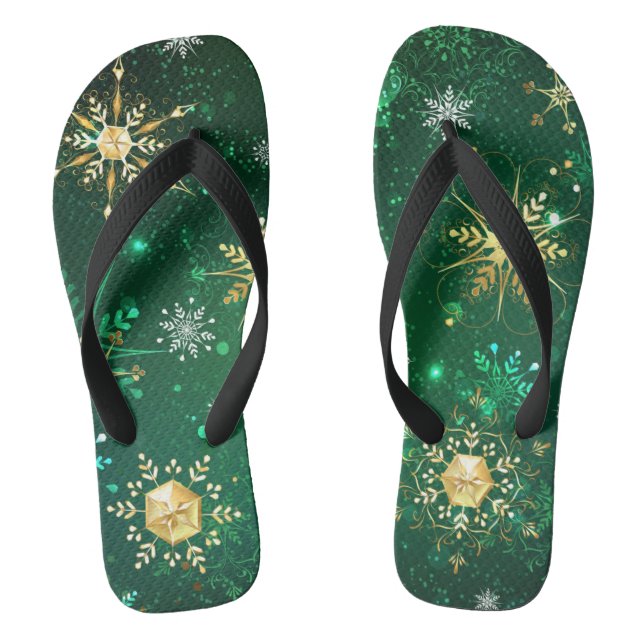 Xmas Golden Snowflakes on Green Background Jandals (Footbed)