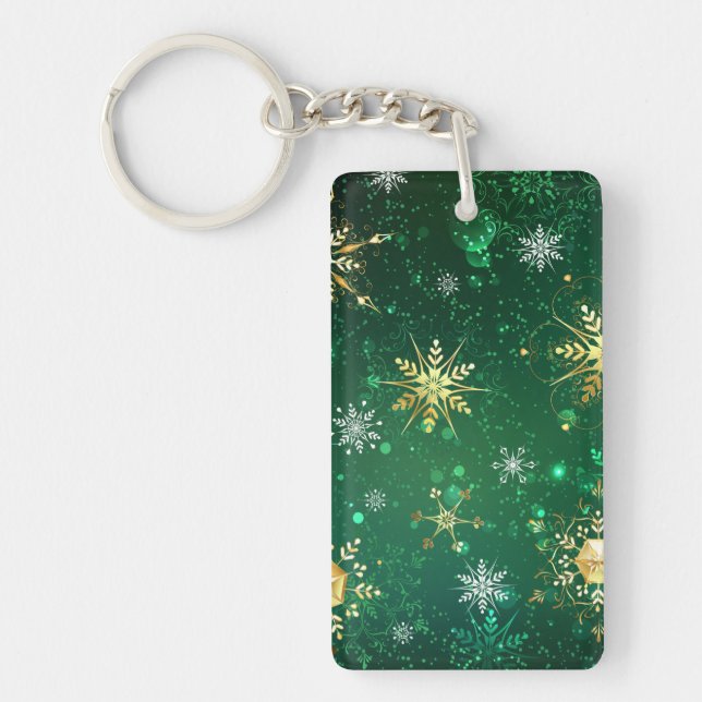 Xmas Golden Snowflakes on Green Background Key Ring (Front)